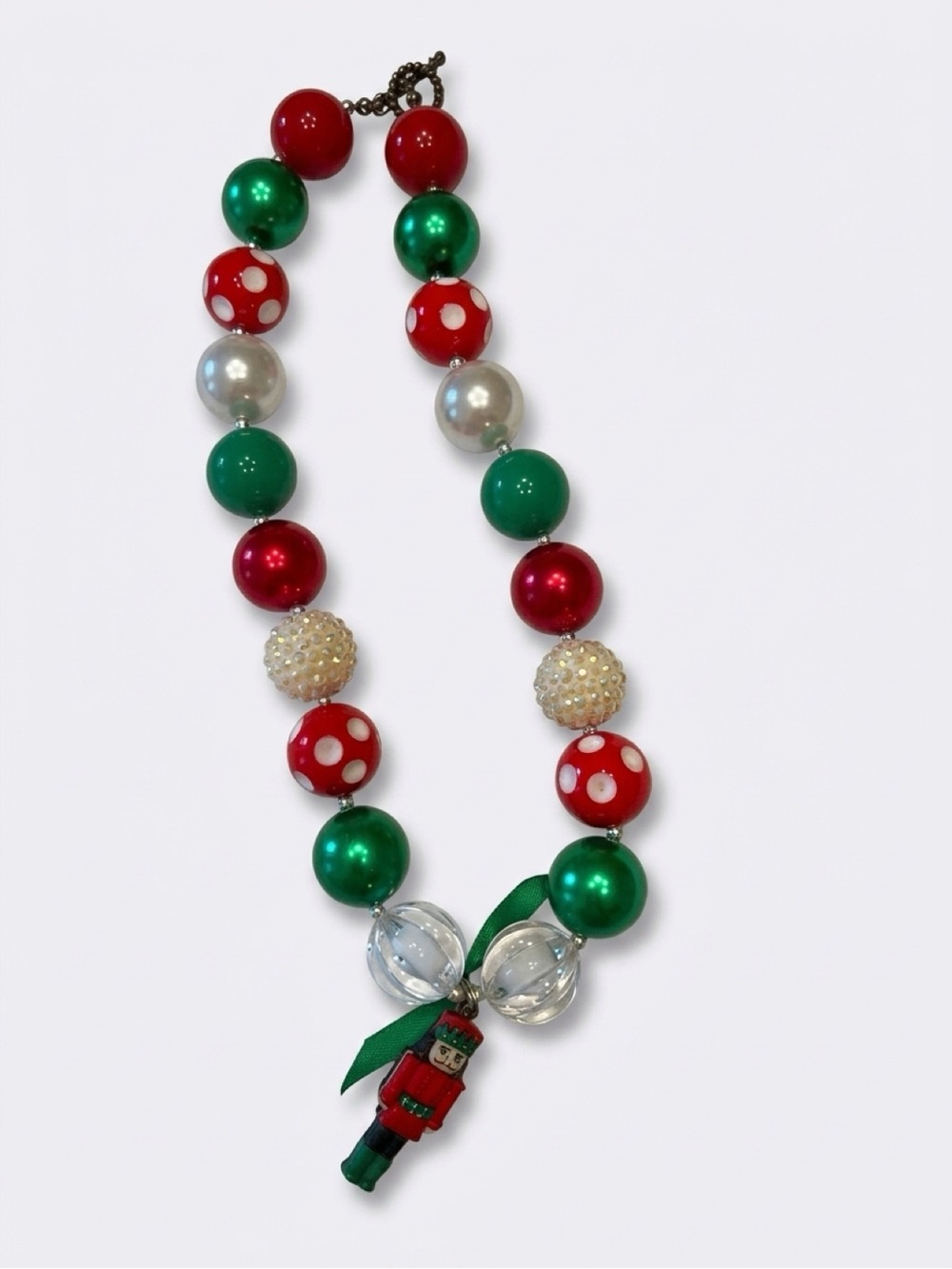 Women’s Holiday Bead Necklace with Nutcracker Charm - Red & Green